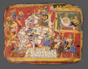 Krishna kjemper mot hærene til demonen Naraka: Side fra et Bhagavata Purana-manuskript, ca. 1540. av Unbekannt