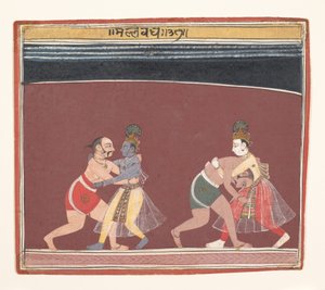 Krishna og Balarama kjemper mot den onde kongen Kamsas Wrestlers..., ca. 1650. av Unbekannt
