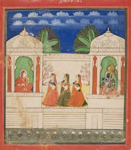 Krishna og Radha i to paviljonger, 1800-tallet av Unbekannt