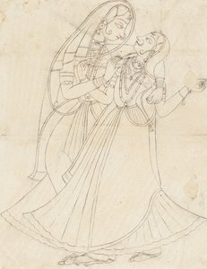 Krishna kledd som en kvinne Embracing Radha, 1800-tallet. av Unbekannt