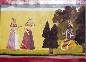 Krishna med fløyte, oppsøkt av to damer av Unbekannt