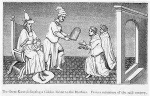 Kublai Khan gir en gylden tablett som sikrer sikker passasje til Niccolo og Maffeo Polo (gravering) av Unbekannt