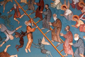 Kykkos kloster, Kypros. The Ladder of Divine Ascent med de gode til høyre og de dårlige til venstre, 20150510, Pedoulas, Kypros av Unbekannt
