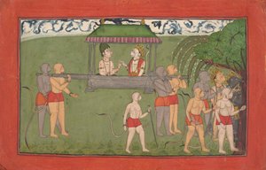 Lakshmana og Sugriva blir båret av Palanquin for å motta Ramas-velsignelser..., ca. 1710-25. av Unbekannt