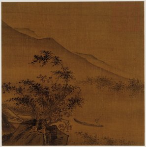 Landskap: åssider, steiner, trær, hus og en båt, Ming-dynastiet, 1368-1644. av Unbekannt