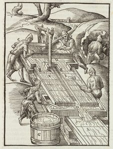 Vasking av gullmalm i vannfylte trebrett - Gravering fra beskrivelse av malmer og hovedmetoder for gruvedrift, av Lazarus Ecker av Unbekannt