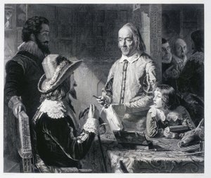 Den engelske legen William Harvey (1578-1637) viser kong Charles I Stuart av England (1600-1649) teorien om blodsirkulasjon av Unbekannt