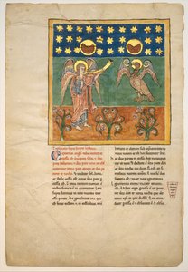 Blad fra et Beatus-manuskript: den fjerde engelen lyder trompeten og en ørn..., ca. 1180. av Unbekannt
