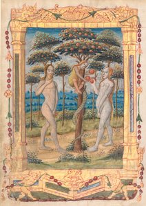 Blad fra en timebok: Adam og Eva og menneskets fall...recto, ca. 1510. av Unbekannt