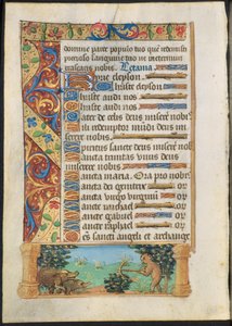 Leaf from a Book of Hours: Ape Hunting Wild Boars recto and Ape Fishing verso , ca. 1500-1510. av Unbekannt