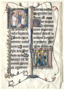 Blad fra et missal med to historiske initialer: Initial P[er omnia centuries saeculi]..., ca. 1300 av Unbekannt