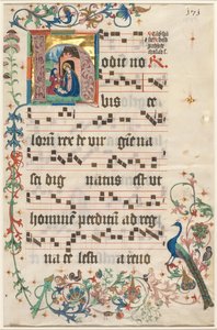 Leaf from an Antiphonary: Initial H med Nativity recto, ca. 1480. av Unbekannt