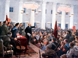 Lenin harrangert varamedlemmer fra den andre sovjetiske kongressen, Smolny-palasset, St. Petersburg, 1917 av Unbekannt