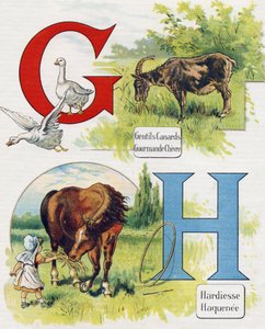 Bokstaven G og H: Gode ender, grådig geit, dristighet og Haquenee. Gravering i "ABC L