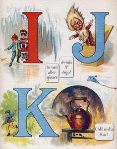 Bokstav I, J og K: De skal skli, jeg er Mr. Jojo og kafeen Moka Karl. Gravering i "ABC L