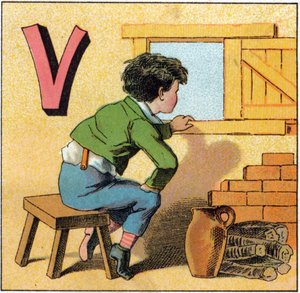 Bokstav V som vasistas. Nysgjerrig barn ser ut av et vindu. Gravering i "Alphabet des petits ecoliers". Avbildning av Epinal, ca. 1885. Privee Collection av Unbekannt