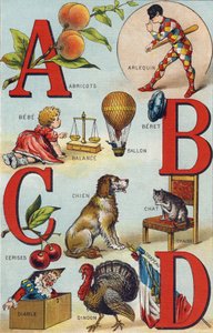 Bokstavene A B C D; aprikoser; Harlekin; Balansere; Ballong; Bebe; Kirsebær; Cat stol; Hund; Teppe; Djevel; Tyrkia; Flagg. Gravering i "Alphabet de ma petite fille". Bernardin-Bechet og Fils, bokhandler-forlag, Paris, rundt 1895. Uknuselig album på boks av Unbekannt
