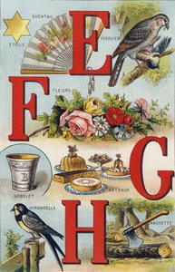 Bokstavene E F G H; Svelge; Fan; Blomster; Kaker; Kopp; Hachette; Svelge. Gravering i "Alphabet de ma petite fille". Bernardin-Bechet og Fils, bokhandler-forlag, Paris, rundt 1895. Ubrytelig album på lerret. Bibliotheque des Bebes. 12 sider. Album co av Unbekannt