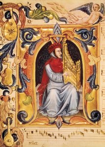 Lettrine med en mann og et orgel som begynner på et partitur fra Codex Squarcialupi (av Antonio Squarcialupi av Unbekannt