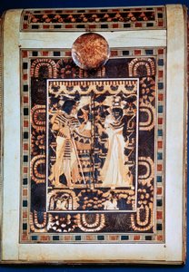 Lokket på en kiste som viser Tutankhamon og hans kone Ankhesenamun i en hage, 1300-tallet f.Kr. av Unbekannt