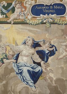 Jomfruens liv: "" antagelsen" (The Assumption) Detaljteppe av ull og silke laget i verkstedet til Pierre Damour etter tegningene til Charles Poerson (1609-1667) av Unbekannt