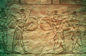 Kalksteinsrelieff som viser hettittiske soldater, Temple of Abu Simbel, Egypt, 1300-1200-tallet f.Kr. av Unbekannt