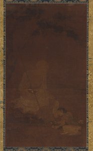 Lohan sittende, en ledsager knelende foran ham, Yuan eller Ming-dynastiet, 1279-1644. av Unbekannt