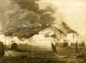 Lord Exmouths flåte bombarderer byen Alger, 1816. av Unbekannt