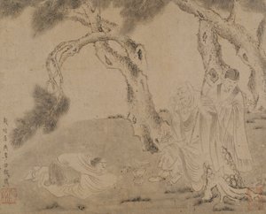 Luohan, ledsager og tilbeder under furutrær, Yuan- eller Ming-dynastiet, 1279-1644. av Unbekannt