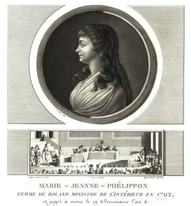 Madame Roland eller Marie-Jeanne Phelippon (1754-1793), girondist, sammen med ektemannen Jean-Marie Roland de la Platiere av Unbekannt