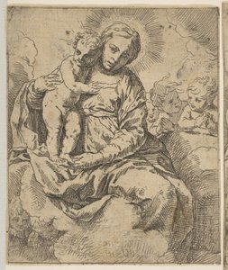 Madonna og barn sittende på skyer og omgitt av engler, kopier i revers a..., ca.1639 eller senere. av Unbekannt