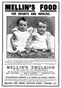 Magasinannonse for Mellins Emulsion, et kosttilskudd basert på tran, c1890 av Unbekannt