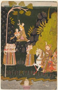 Maharaja Abhai Singh, ridesport, ser på jenter som svinger på Teej-festivalen, ca. 1740. av Unbekannt