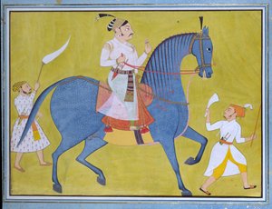 Maharaja Pratap Singh fra Sawar rider, med to ledsagere til fots, c1700 av Unbekannt
