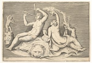 Mann som spiller to fløyter og kvinne på løveskinn, utgitt ca. 1599-1622. av Unbekannt