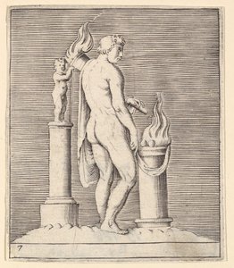 Mann med fakkel mellom flammende alter og statuett, utgitt ca. 1599-1622. av Unbekannt