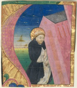 Manuskriptbelysning med Saint Dominic Saving the Church of Saint John ... midten av 1400-tallet. av Unbekannt