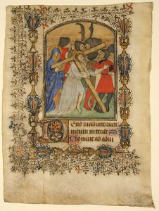 Manuskriptblad fra en timebok... Opplyst initial D og Kristus som bærer korset, 1390-140 av Unbekannt