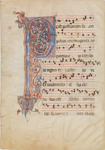 Manuskriptblatt mit verziertem Initial P, aus einem Antiphonar, ca. 1250-60