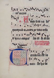 Manuskriptblad med initial T, fra et gradvis, tysk, andre kvartal 1400-tallet. av Unbekannt