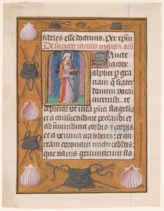 Manuskriptblad med Saint James the Greater, fra en timebok, ca. 1500. av Unbekannt