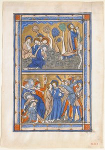 Manuskriptblad med lidelsen i hagen og Kristi svik, fra en kongelig salmer, ca. 1270. av Unbekannt