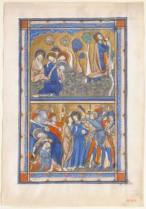 Manuskriptblad med lidelsen i hagen og Kristi svik, fra en kongelig salmer, ca. 1270. av Unbekannt