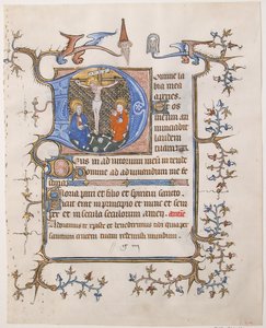 Manuskriptblad med korsfestelsen i en initial D, fra en timebok, ca. 1350. av Unbekannt