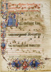 Manuskriptblad med besøket i en innledende A og kardinal Adam Easton..., ca. 1400. av Unbekannt