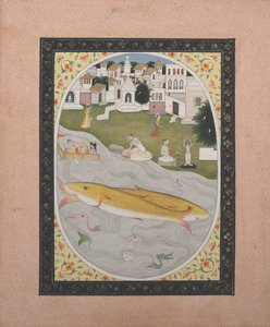 Manuskriptmaleri med hinduistisk tantrisk scene som viser to fisker, 1800-1820. av Unbekannt