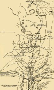 Kart som illustrerer flyttingen østover fra Eerstefabrieken til Middelburg, 1901. av Unbekannt