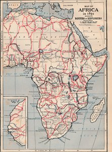 Kart over Afrika i 1891 som viser Routes of Explorers av Unbekannt