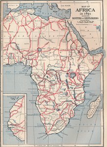 Kart over Afrika i 1891 som viser ruter for oppdagere, 1906 av Unbekannt