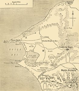 Kart over Suvla Bay, Gallipoli-halvøya, første verdenskrig, 1915, c1920. av Unbekannt